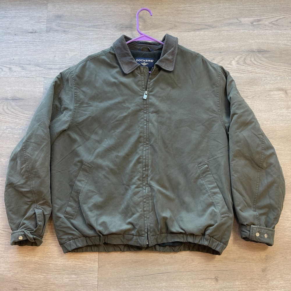 Dockers Mens Canvas Bomber Jacket Fleece Lined Green XL Leather Trim Collar